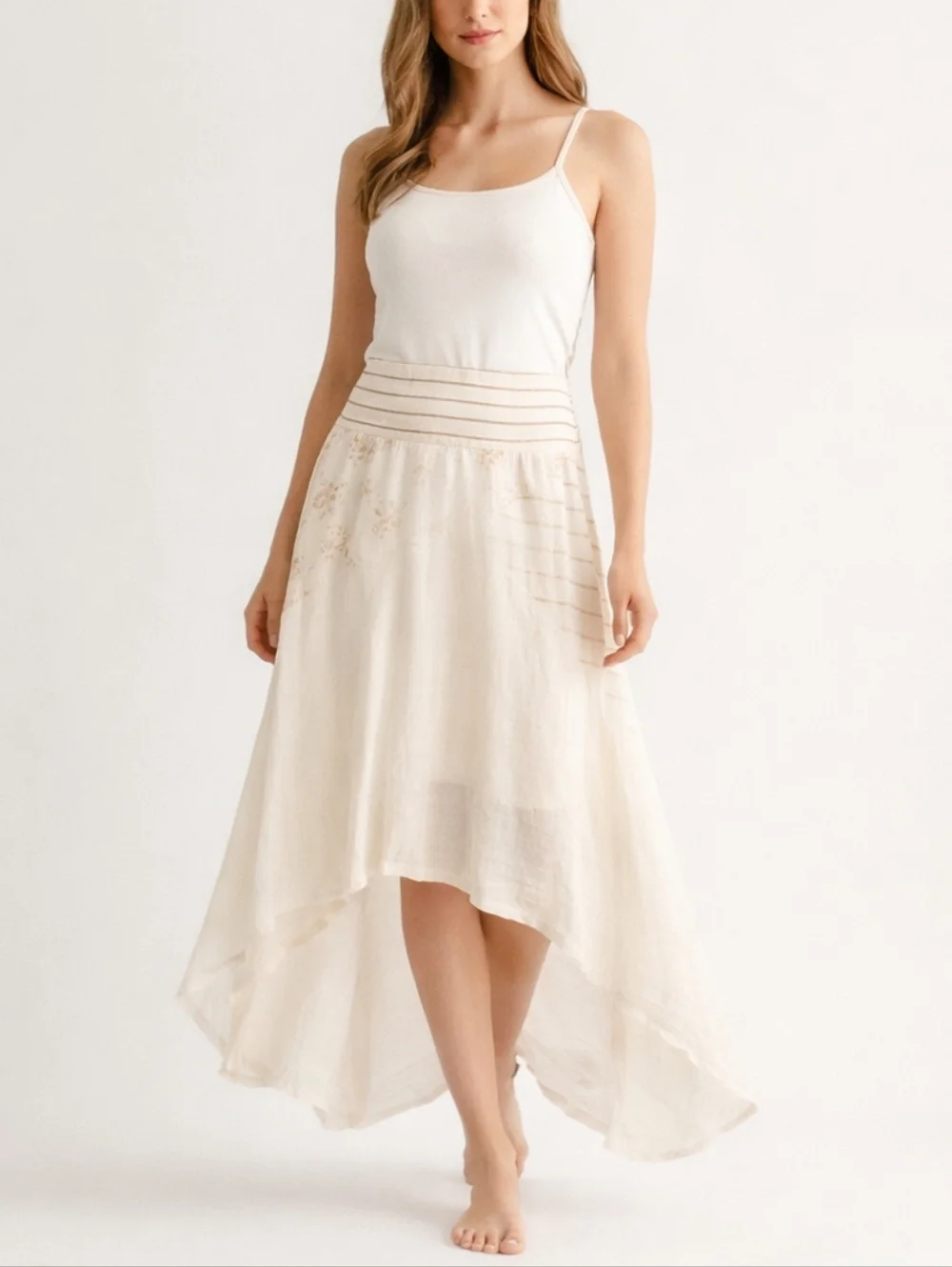 Luv 4 Anouka Skirt Womens Large Boho High Low Flowy Ivory Elastic Waist - Picture 2 of 13